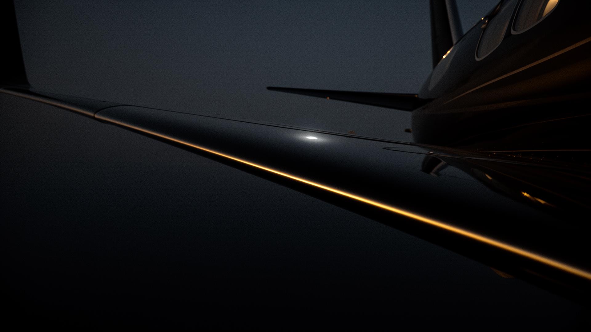 Private jet wing at moonlight